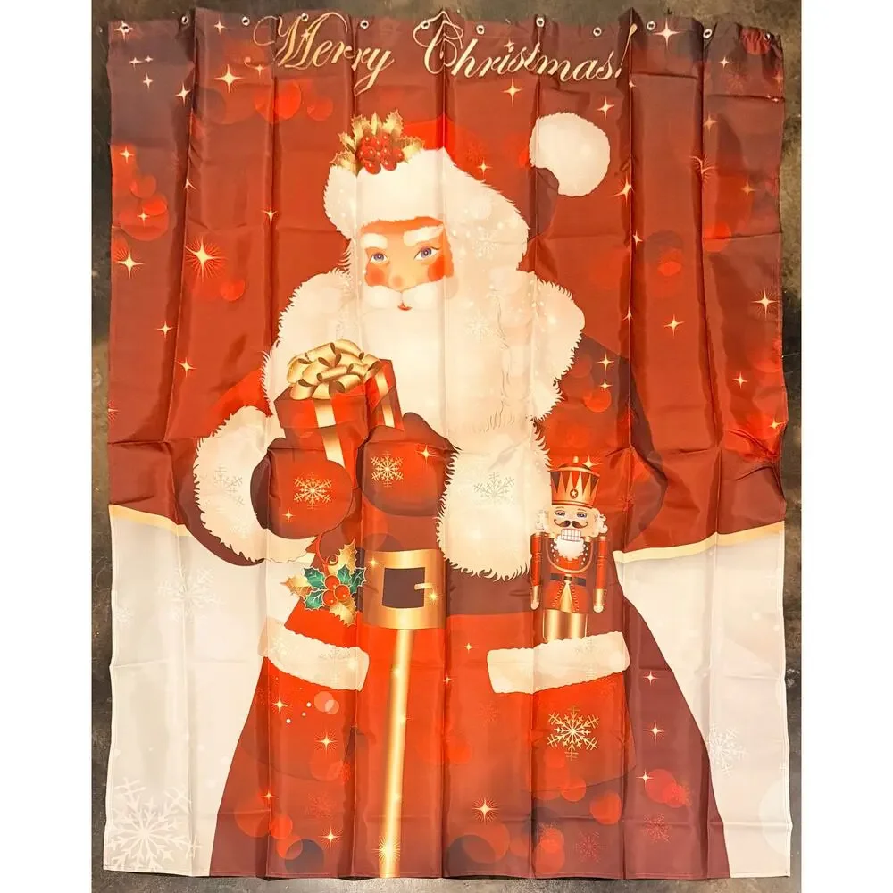 New Santa Merry Christmas Shower Curtain & Shower Rings 60”x72” Nutcracker, Gift